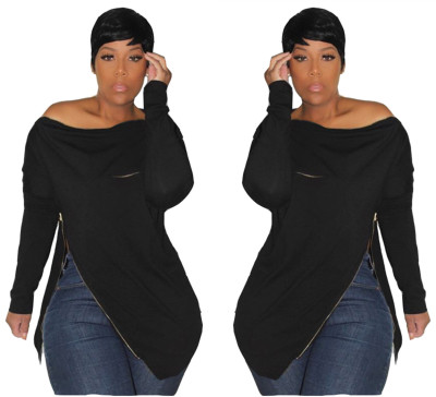 Black Zipper Long Sleeves Off Shoulder Hoodies H1080