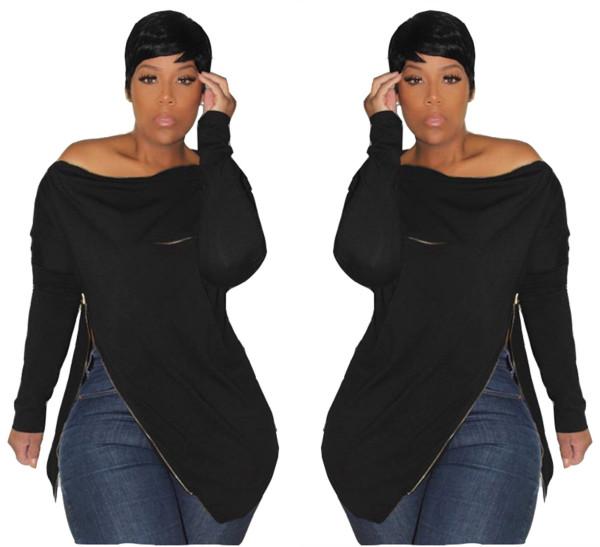 Black Zipper Long Sleeves Off Shoulder Hoodies H1080