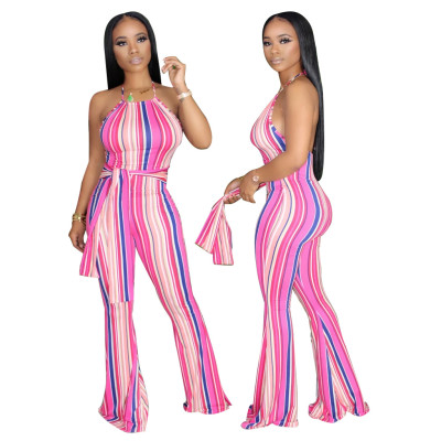 Striped printed tube top halter belt flared pants jumpsuit YZ1196