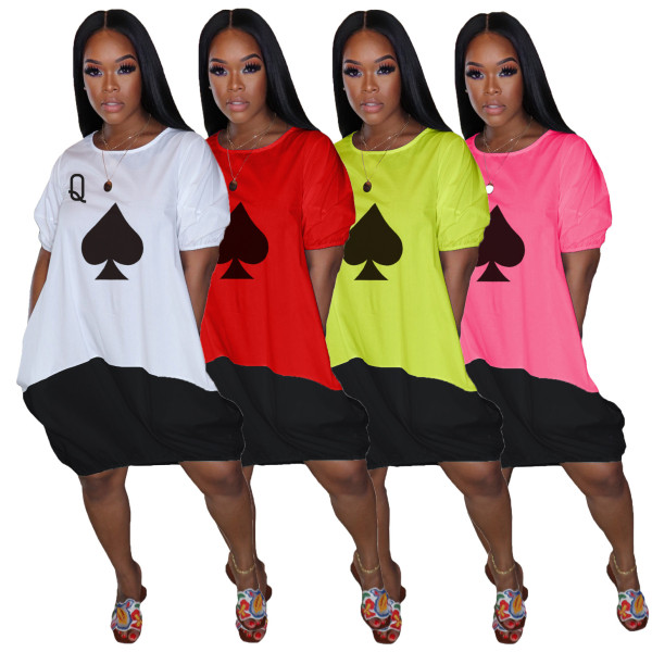 Women's dress spades poker bubble skirt mid skirt short sleeves hit color summer AL111