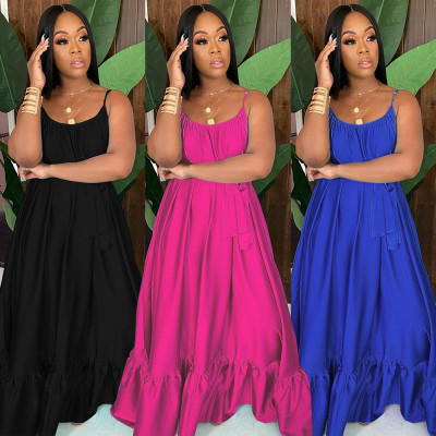 Fashionable solid color casual loose strapless sleeveless high waist suspenders dress NS6640