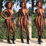 Striped Surplice Neck Bodycon Jumpsuits With Belt F8164