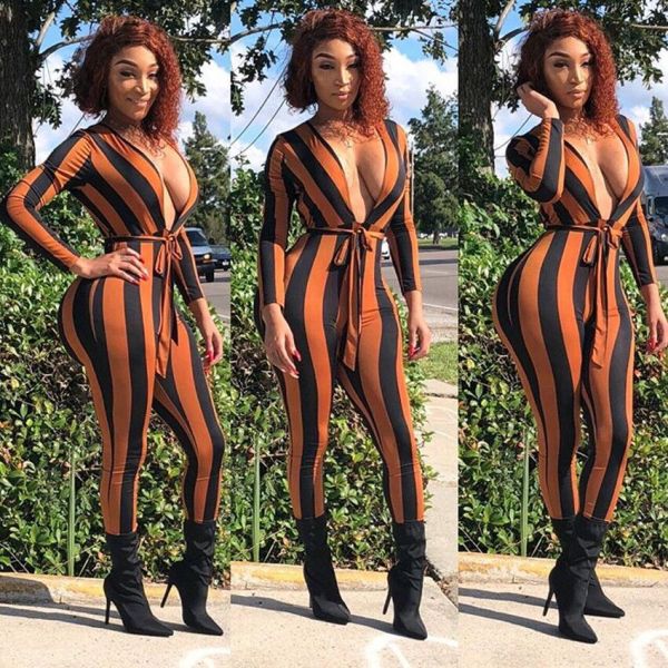 Striped Surplice Neck Bodycon Jumpsuits With Belt F8164