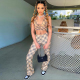 Women's suit sexy drawstring European and American printed lattice two-piece set MY9641