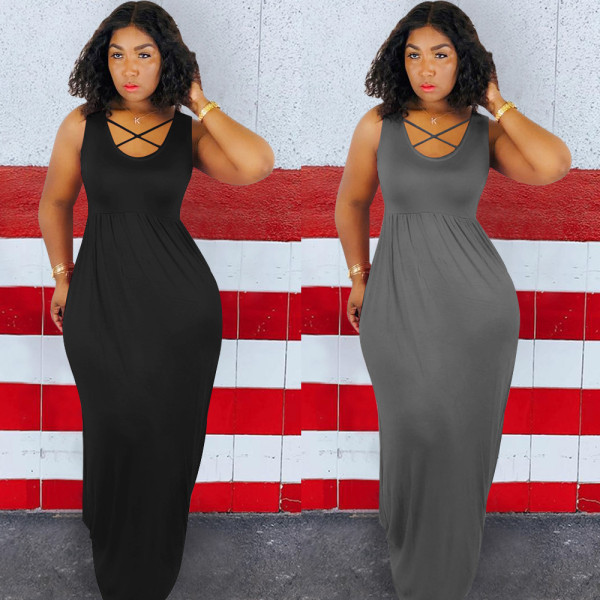 Leisure Pure Color Sleeveless Long Comfy Dress K8784