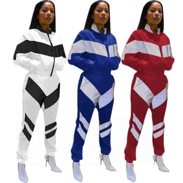 Contrast Color Hot Outfits Stand Collar Coat Elastic Pants E8174