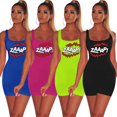 Hot Sell Slim-Fitting Letters Printing Sleevelesss Jumpsuit F8213