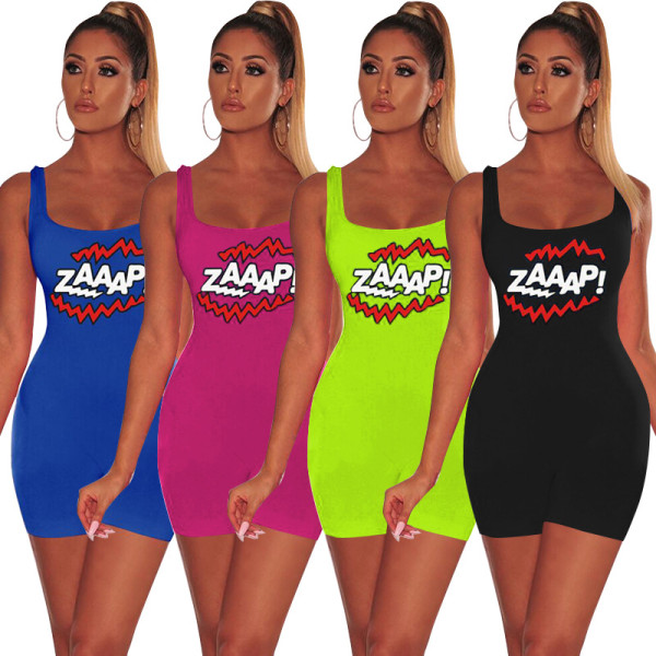 Hot Sell Slim-Fitting Letters Printing Sleevelesss Jumpsuit F8213