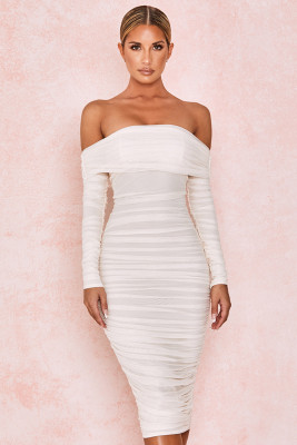 Sexy Solid Color Off Shoulder Long Sleeves Backless Pleated Midi Dress KLY1225