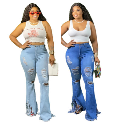 Fashion hot-selling slim-fitting washed holes, fringed flared pants HSF2304