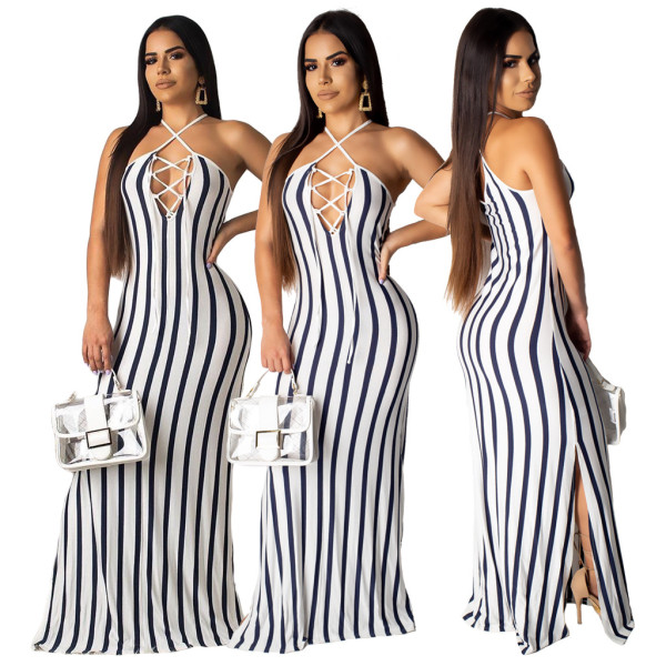Striped Ladies Holiday Spaghetti Strap Long Split Dress ML7190