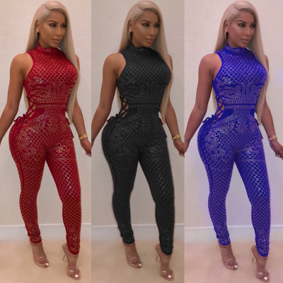 Women Diamond Sleeveless High Waist Jumpsuit ME2603