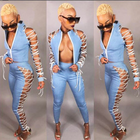 Sexy Hollow Out Bandage Outfits Zipper Top Tight Pants M805