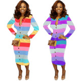Multicolor Stripe Button Down Color Block Bodycon Dress BLX7020