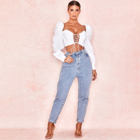 Wrapped chest with puff sleeves and navel slim T-shirt T8649J