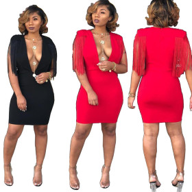 Sexy Deep V Neck Bodycon Short Dress With Tassel YS195