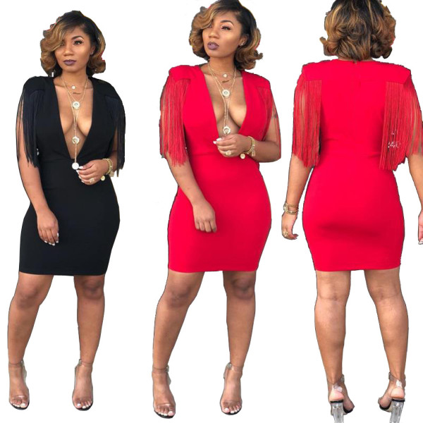 Sexy Deep V Neck Bodycon Short Dress With Tassel YS195