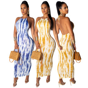 Backless Blue/Yellow Halter Neck Ankle Length Dress ML7210