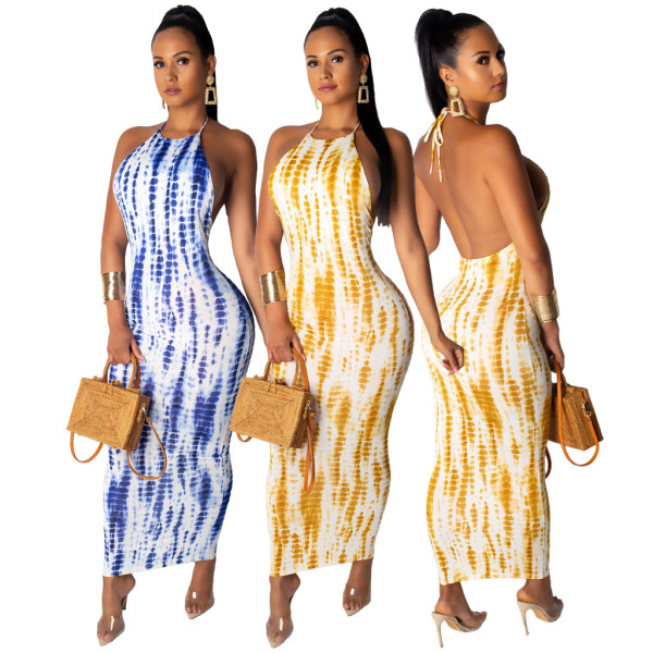 Backless Blue/Yellow Halter Neck Ankle Length Dress ML7210