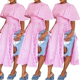 Casual Ruffle Bilateral Split Plaid High Waist Long Dresses E8124