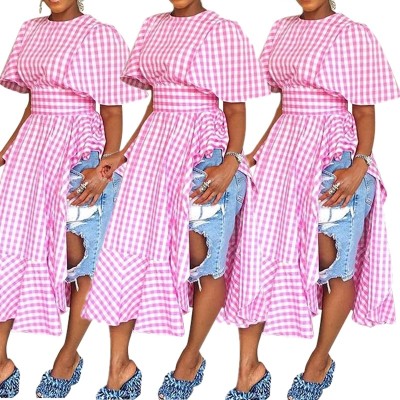 Casual Ruffle Bilateral Split Plaid High Waist Long Dresses E8124