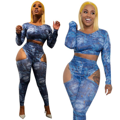 Fashion Printed Crop Tops With Hollow Out Pants Two Pieces Sets F8161