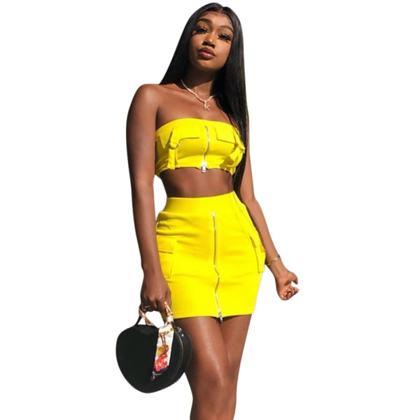 Bodycon Yellow Off Shoulder Skirt Suits With Zipper MA6193