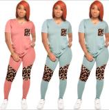 Fashion casual leopard embossed stitching V-neck large size two-piece suit OMY8068