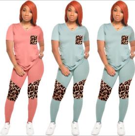 Fashion casual leopard embossed stitching V-neck large size two-piece suit OMY8068