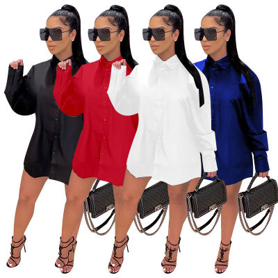 Womens Long Sleeve Loose Stand Collar Solid Color Long Shirt ME2877