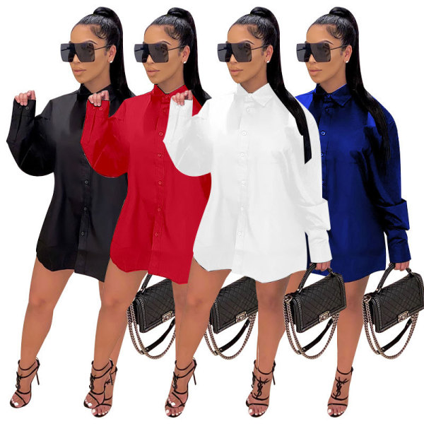 Womens Long Sleeve Loose Stand Collar Solid Color Long Shirt ME2877