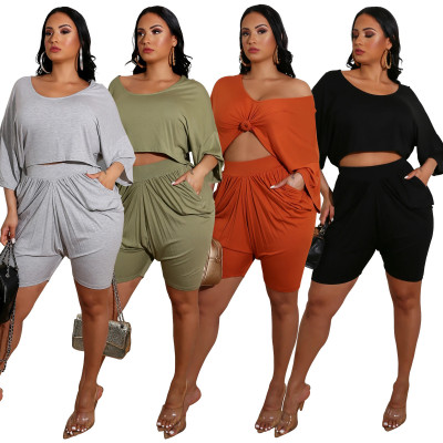 Fashionable solid color pleated loose five-sleeved shorts casual suit WY6688