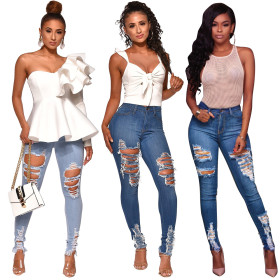 Women Slit Ripped Long Pants Casual Summer Tight Jeans Q281