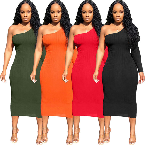 Stretchy Leisure Bodycon Single Shoulder Pure Color Midi Dress MN8085