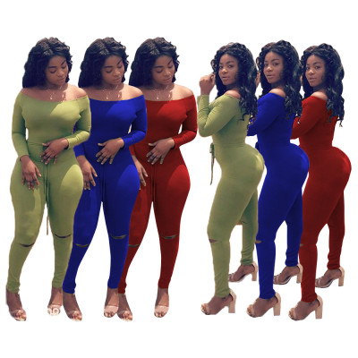 Leisure Tight Hollow Out Strapless Plain Color Autumn Jumpsuit N9053