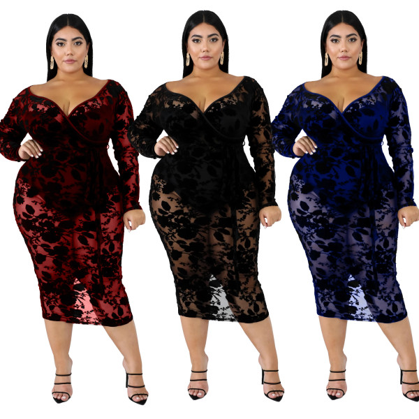 Lace Sexy Perspective Oversize V Collar Ladies Dress QZ4076