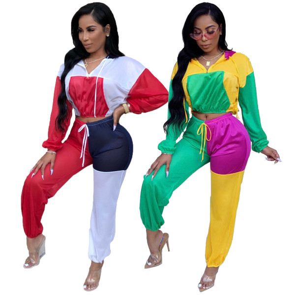 Colorblock Crop Hoodie Sports Pants Fashion Sets SMR9061