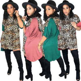 Leopard Print Splicing Half Sleeves Irregular T shirt Dress DN8338