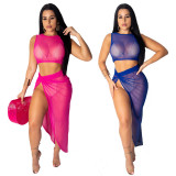 Sexy Pure Color Mesh Perspective Irregular Skirt Suits FZB3091