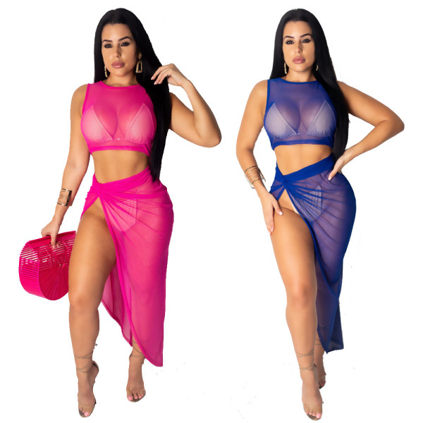 Sexy Pure Color Mesh Perspective Irregular Skirt Suits FZB3091