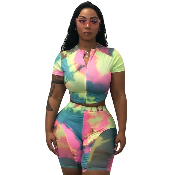 Outdoor Bodycon Female Tie-Dye Printing Short Outfits HH8871