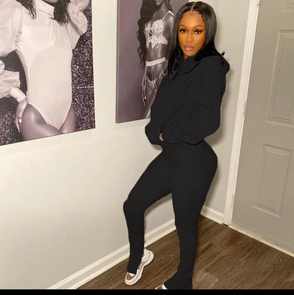 Casual Solid Color Long Sleeves Hooded Sweater With Trousers Two Piece Sets LM8198