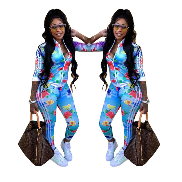 Wholesale Floral Print 2 Pieces Long Style Track Suits LD8193