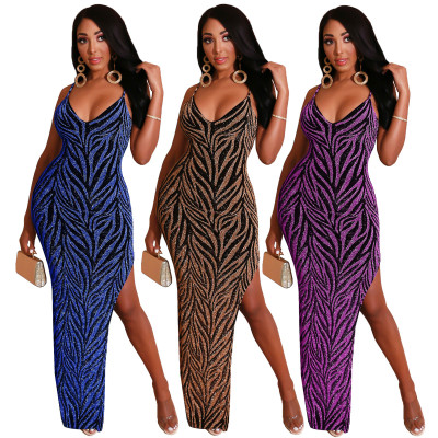 High Split Irregular Clubwear Sexy Condole Belt Shiny Dress ZS0251