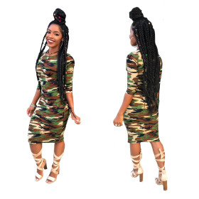 Euramerican Camouflage Long Sleeve Leisure Midi Dress T3276H