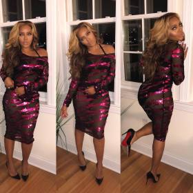 Sexy Mesh Sequin Long Sleeve Midi Dress For Club LA3051