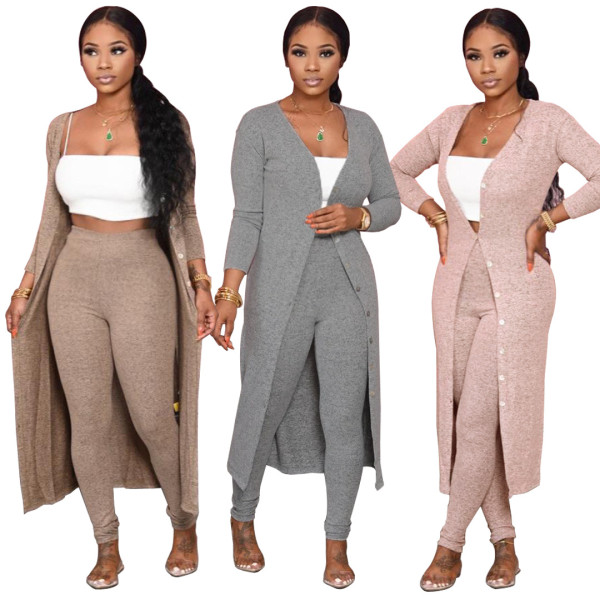 Autumn Solid Color Long Sleeves Midi Cardigan With Trousers Two Piece Set SY8703
