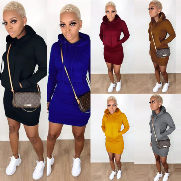 Bodycon Winter Solid Color Ladies Hoodie Wrap Dress With Pocket KF138