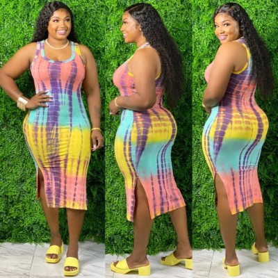 Plus size women's fashion casual tie-dye printing vest dress OMF209