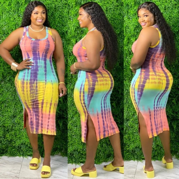 Plus size women's fashion casual tie-dye printing vest dress OMF209